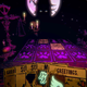 An eldritch card game being played against a shadowy figure, the moon purple and bright behind them.